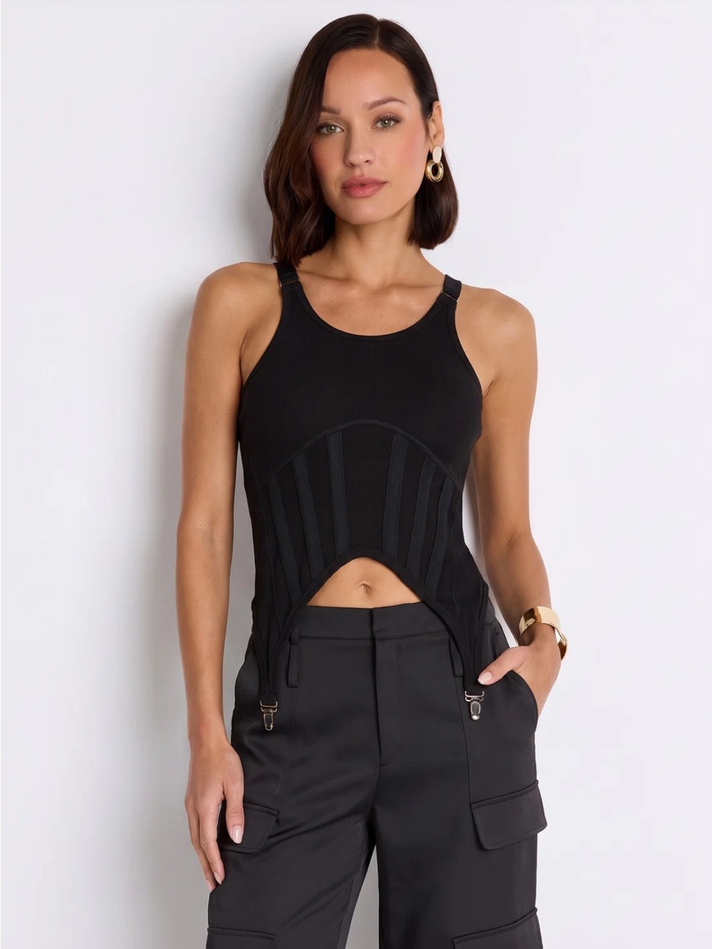 Noli Black Corset-Detail Tank with Garter Straps